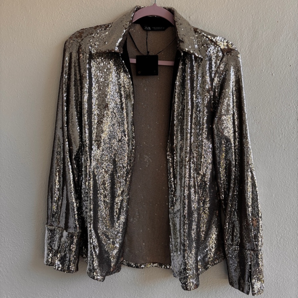 Zara Festive Days Silver Sequence Top Size Medium